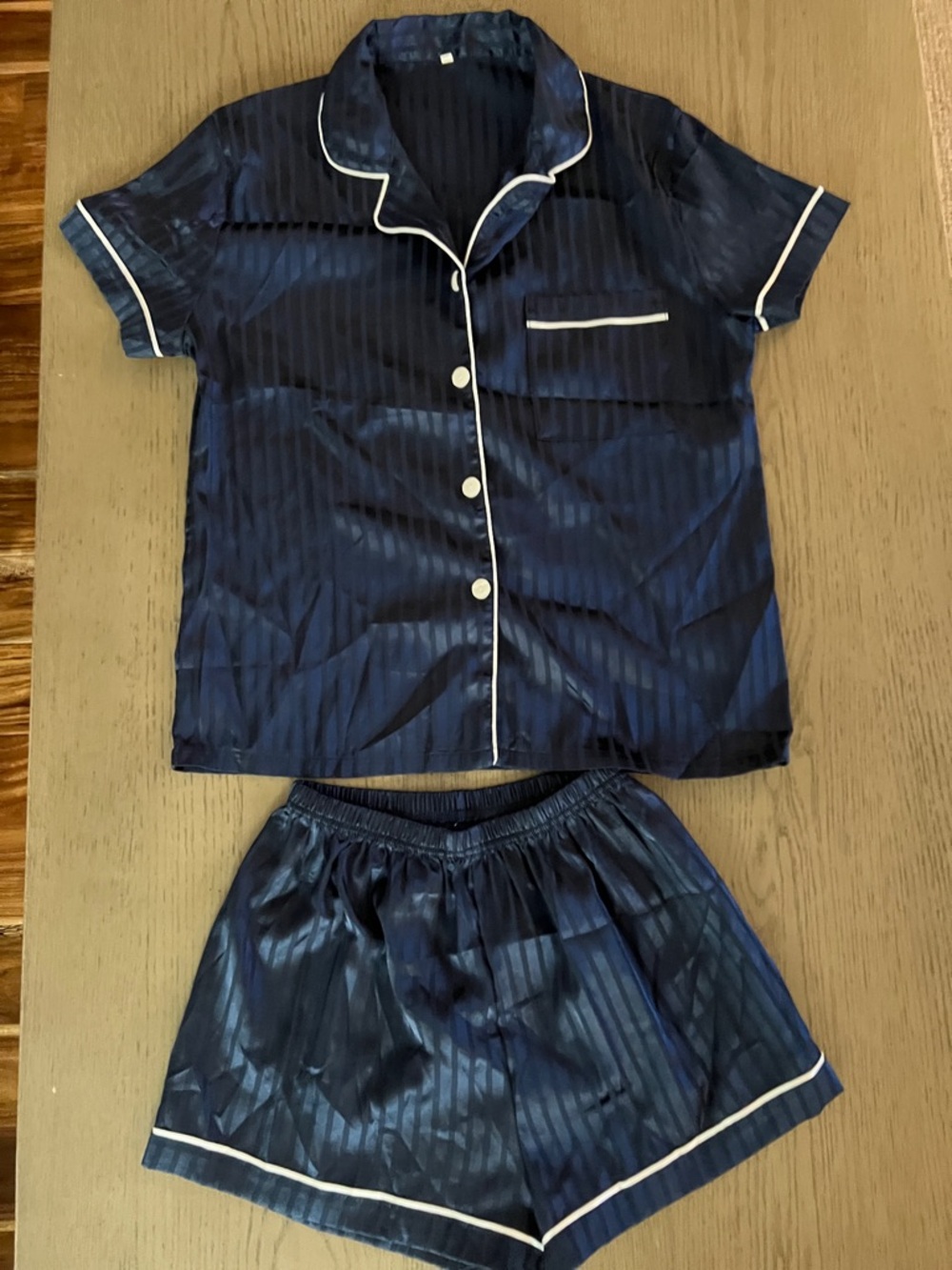 Women's Navy Satin Short Pajama Set with White Piping